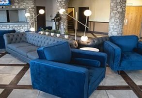 The lobby lounge with blue velvet seating