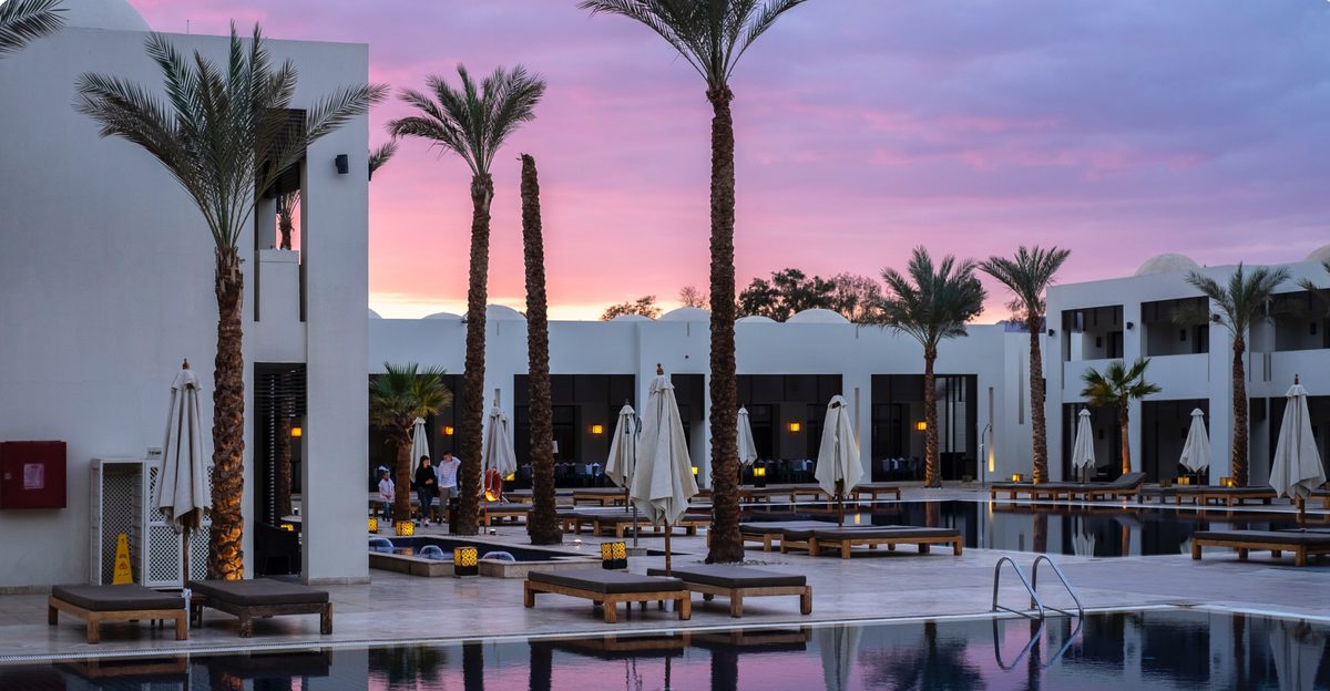Pool and palms at dusk